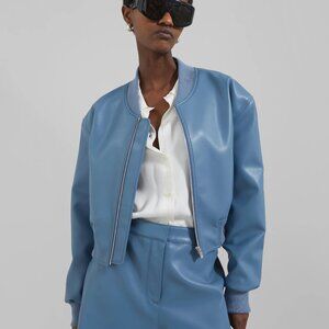CASSIE FAUX LEATHER BOMBER - BLUE in Size S